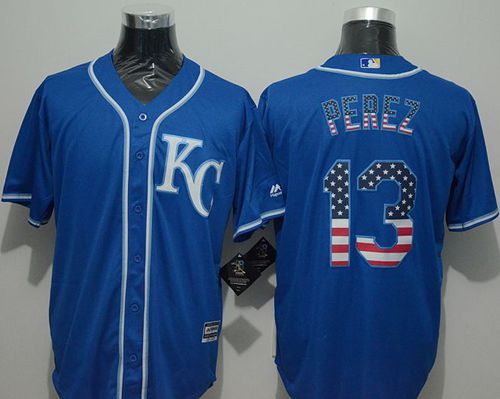 Royals #13 Salvador Perez Blue USA Flag Fashion Stitched MLB Jersey - Click Image to Close
